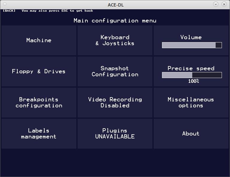 ACE-DL: Main configuration menu