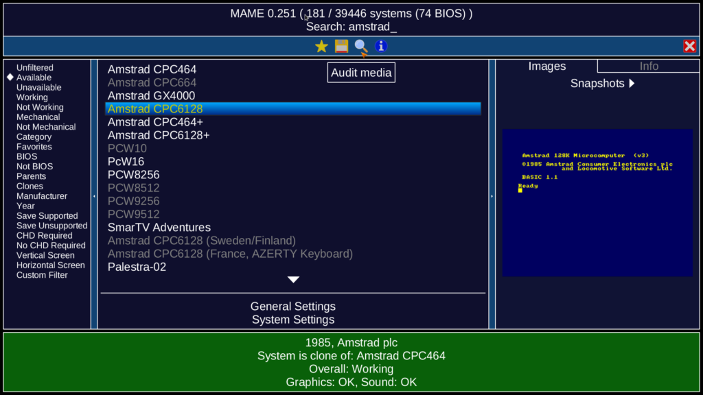 Auditando los medios disponibles en MAME