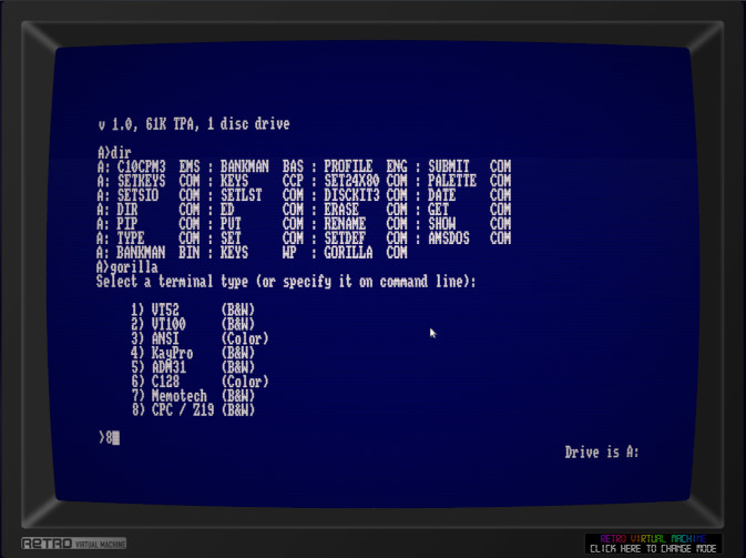 Gorilla.BAS CP/M version, remake de MS Gorillas 2 Gorilla Bas: Tipo de terminal: CPC Z19