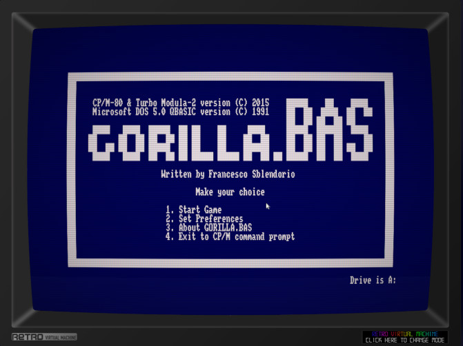 Gorilla.BAS CP/M version, remake de MS Gorillas 3 Gorilla.BAS: menú principal