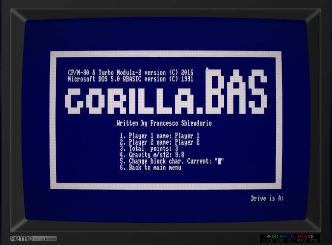 Gorilla.BAS CP/M version, remake de MS Gorillas 4 Gorilla.BAS: preferencias