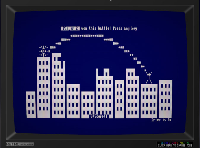Gorilla.BAS CP/M version, remake de MS Gorillas 6 Gorilla.BAS: game over