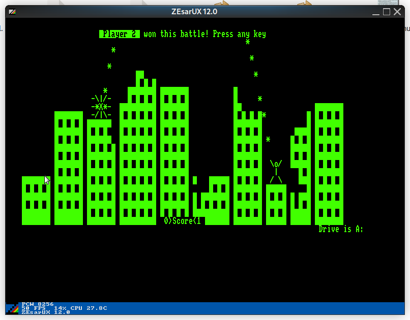 Gorilla.BAS CP/M version, remake de MS Gorillas 8 Gorilla.BAS PCW en acción