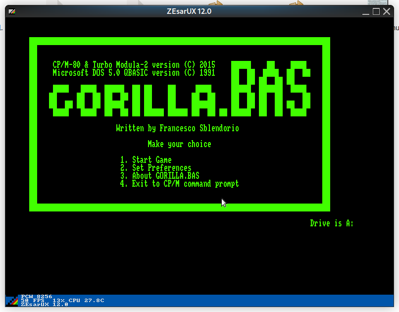 Gorilla.BAS CP/M version, remake de MS Gorillas 7 Gorilla.BAS PCW: Menú de inicio